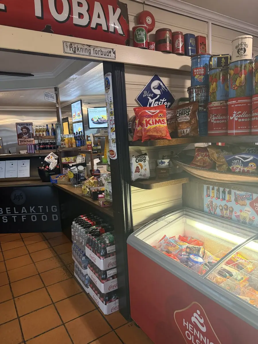 Kiosk shelf with snacks and nostalgic tins